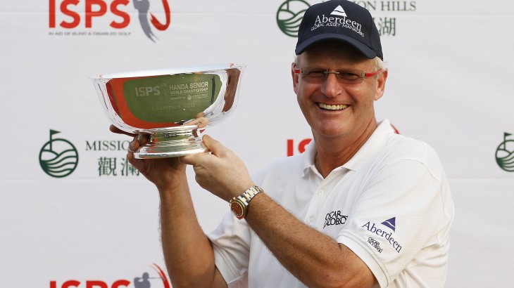SHENZHEN, CHINA - MARCH 13:  Sandy Lyle of Scotland poses with the trophy after the final round of the ISPS Handa Senior World Championship presented by Mission Hills China and played on the World Cup Course, Mission Hills on March 13, 2011 in Shenzhen, Guangdong.  (Photo by Phil Inglis/Getty Images)